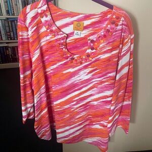 Ruby Rd Striped Elbow  Sleeve Top